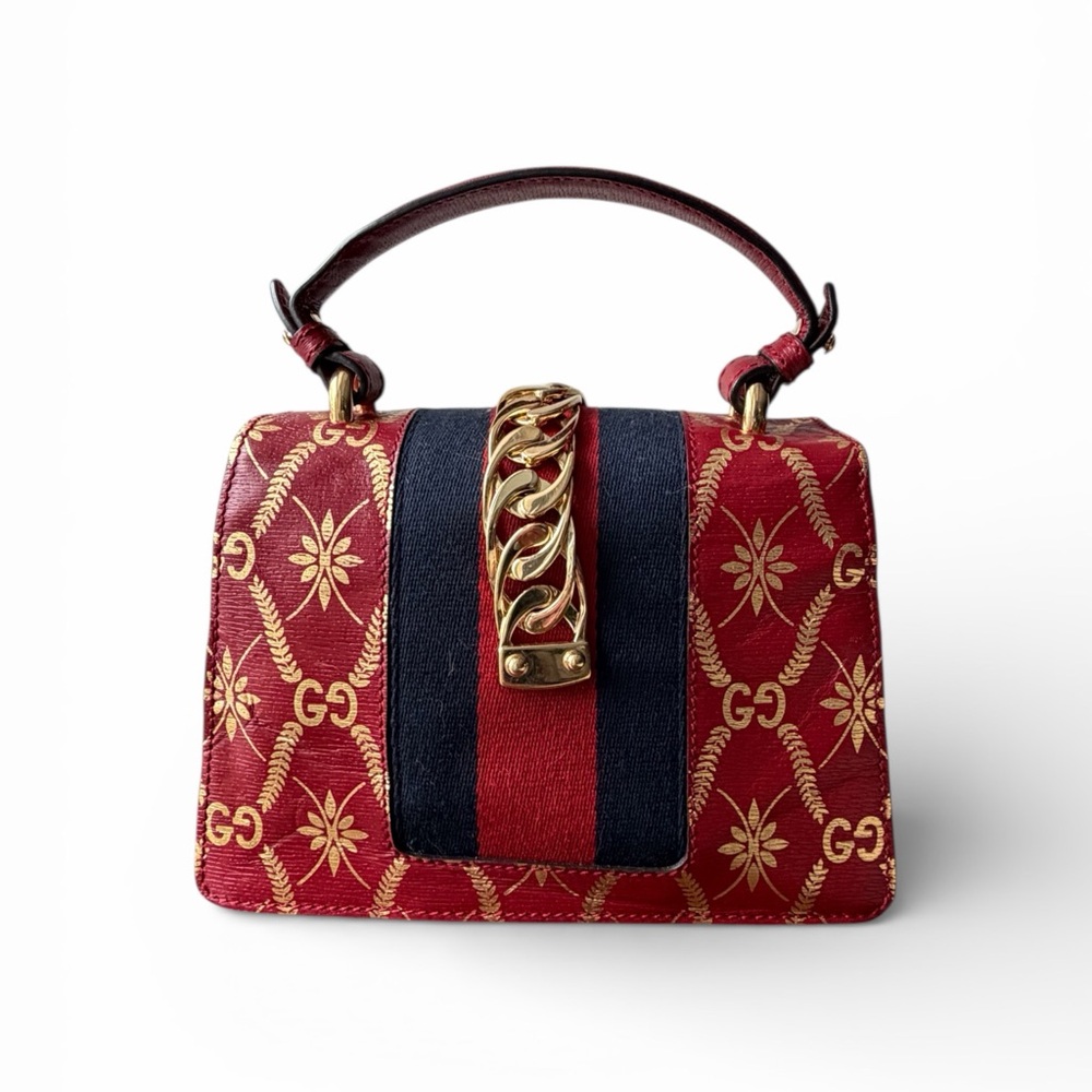 Gucci Sylvie Textured Gold Foil Pattern Mini Top Handle Bag – Hibiscus Red - Picture 2 of 16